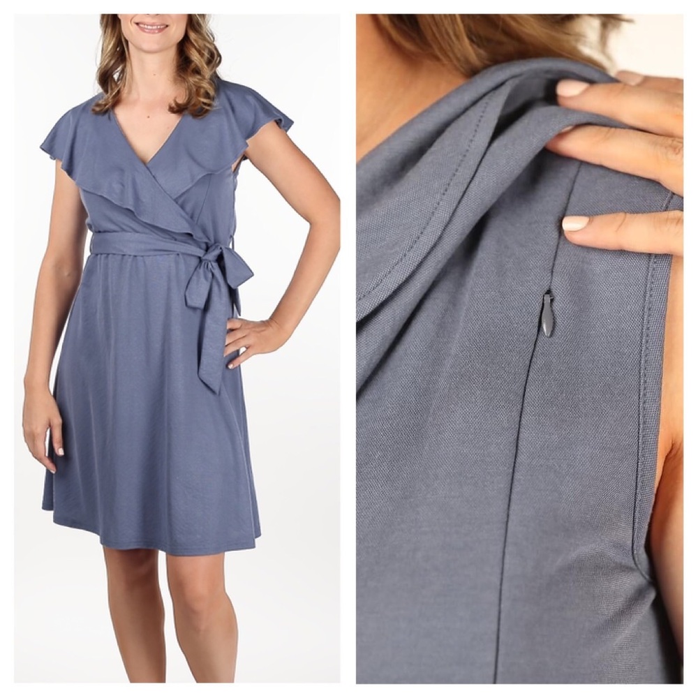 Breastfeeding Dress with Zipper Nursing Access Knee Length Faux Wrap Steel Blue